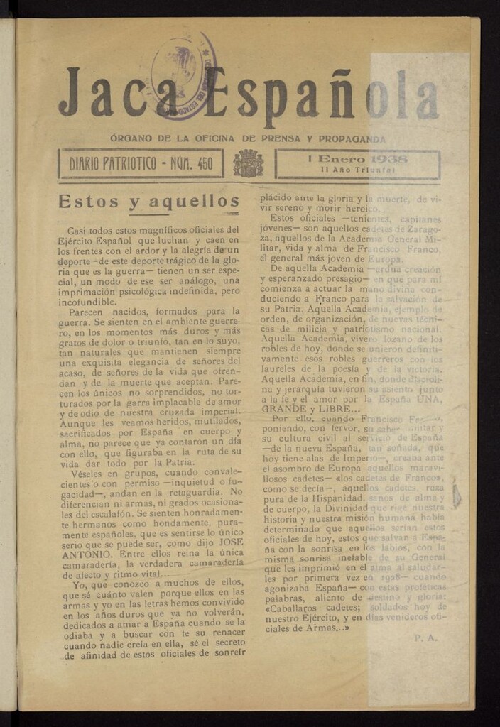Miniatura de Jaca española : noticiero oficial del 1 de enero de 1938, nº 450