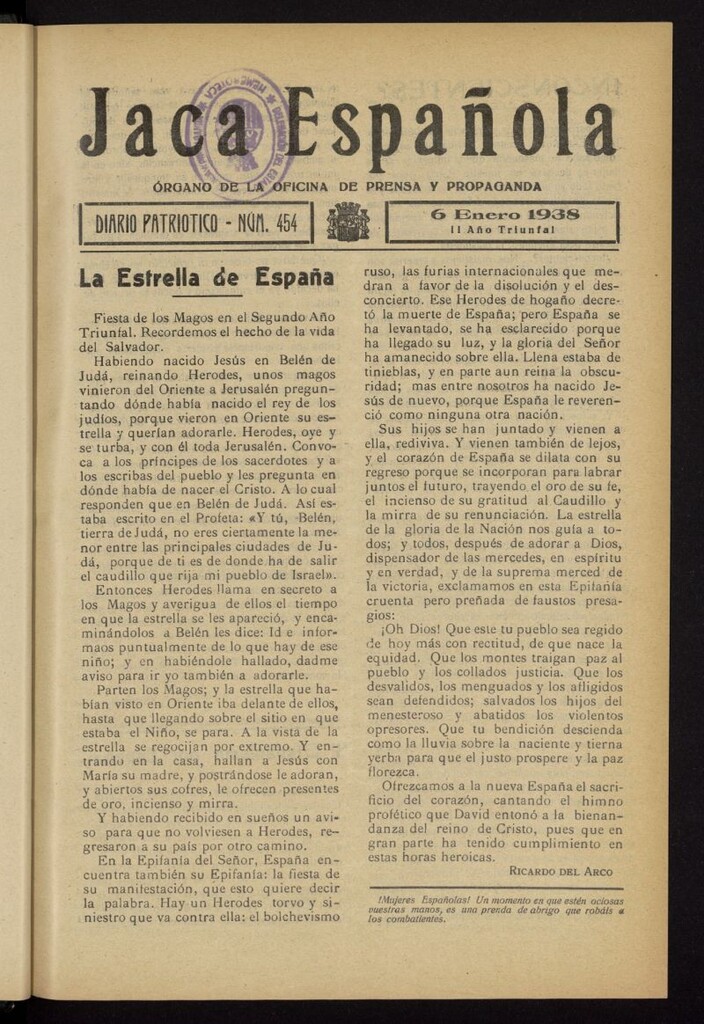 Miniatura de Jaca española : noticiero oficial del 6 de enero de 1938, nº 454