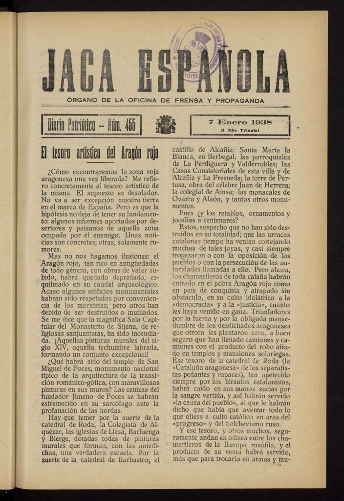 Miniatura de Jaca española : noticiero oficial del 7 de enero de 1938, nº 455