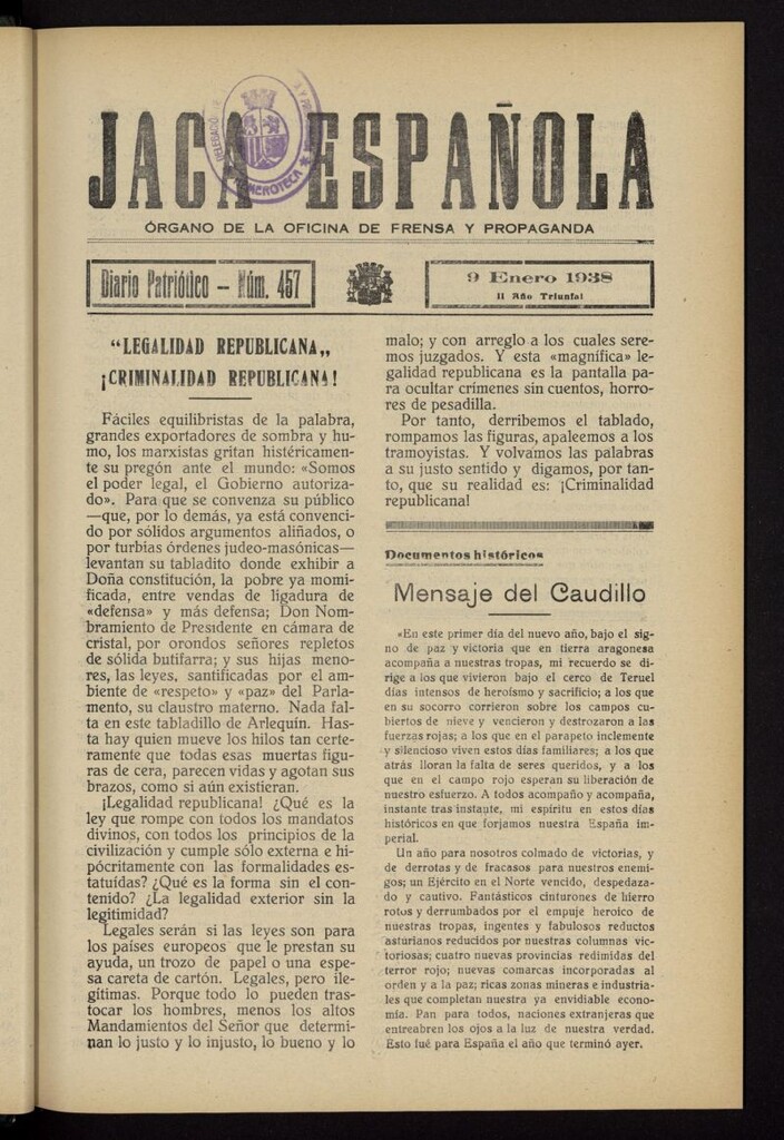 Miniatura de Jaca española : noticiero oficial del 9 de enero de 1938, nº 457