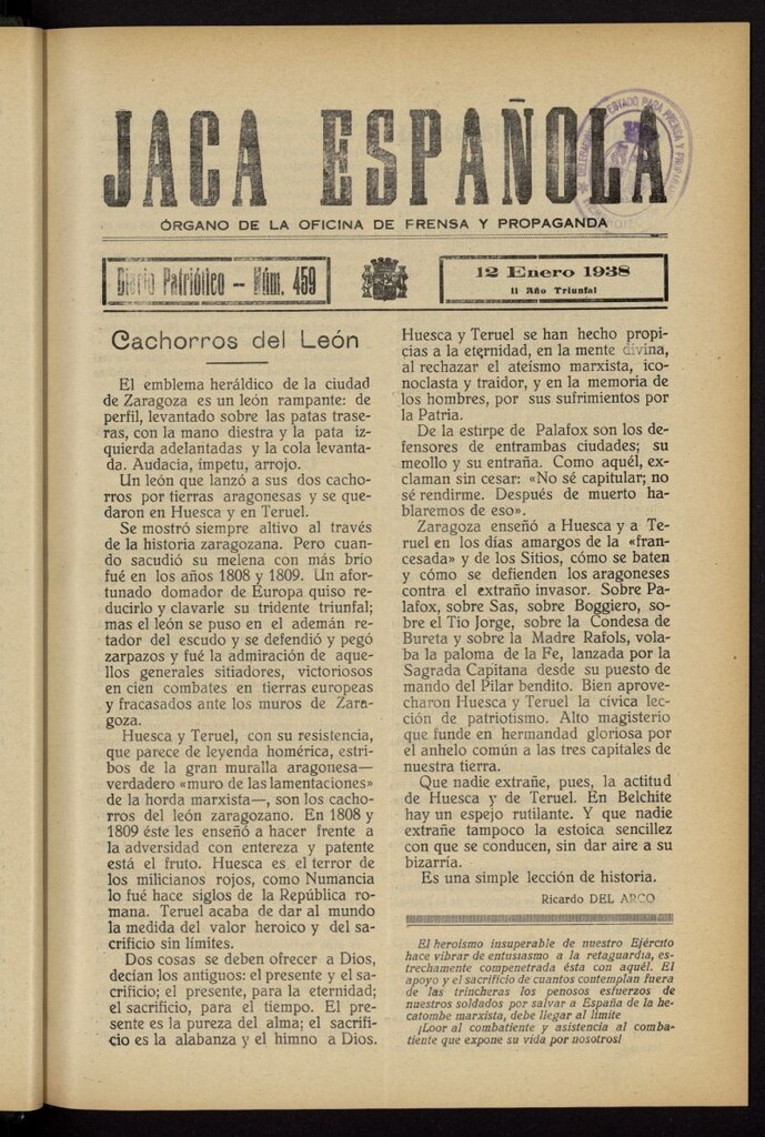 Miniatura de Jaca española : noticiero oficial del 12 de enero de 1938, nº 459