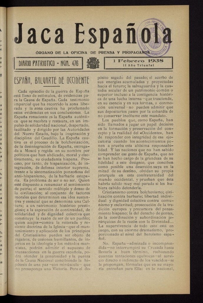 Miniatura de Jaca española : noticiero oficial del 1 de febrero de 1938, nº 476