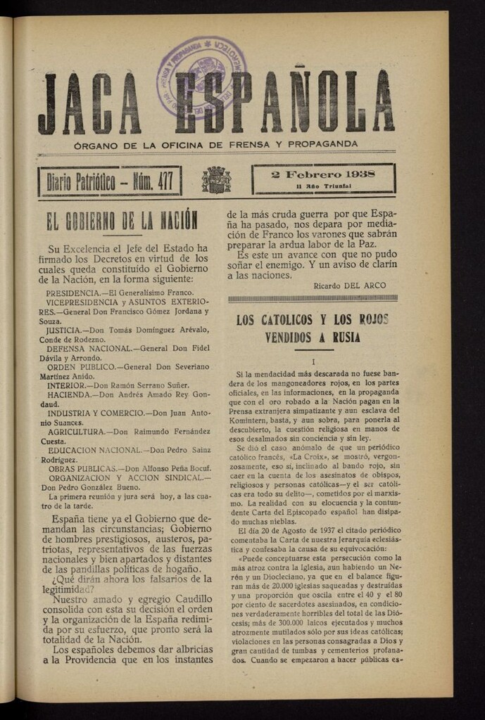 Miniatura de Jaca española : noticiero oficial del 2 de febrero de 1938, nº 477