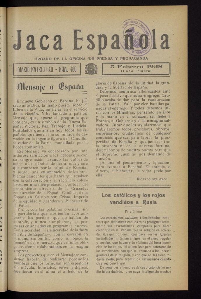 Miniatura de Jaca española : noticiero oficial del 5 de febrero de 1938, nº 480