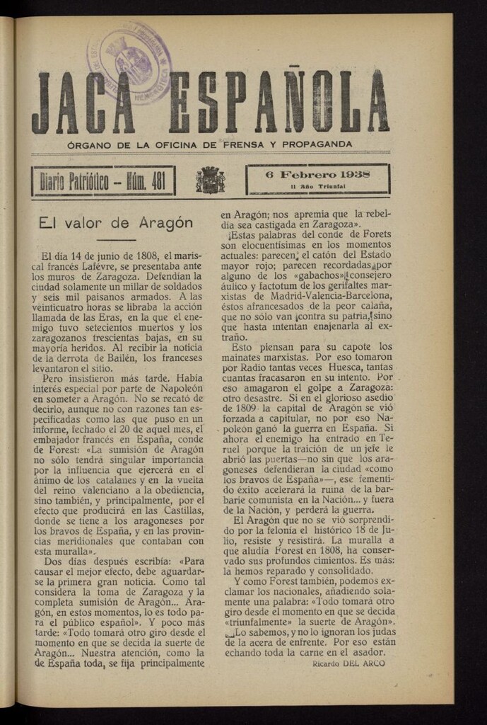 Miniatura de Jaca española : noticiero oficial del 6 de febrero de 1938, nº 481