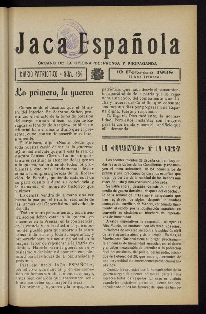 Miniatura de Jaca española : noticiero oficial del 10 de febrero de 1938, nº 484