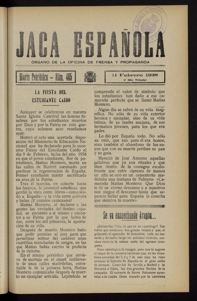 Miniatura de Jaca española : noticiero oficial del 11 de febrero de 1938, nº 485