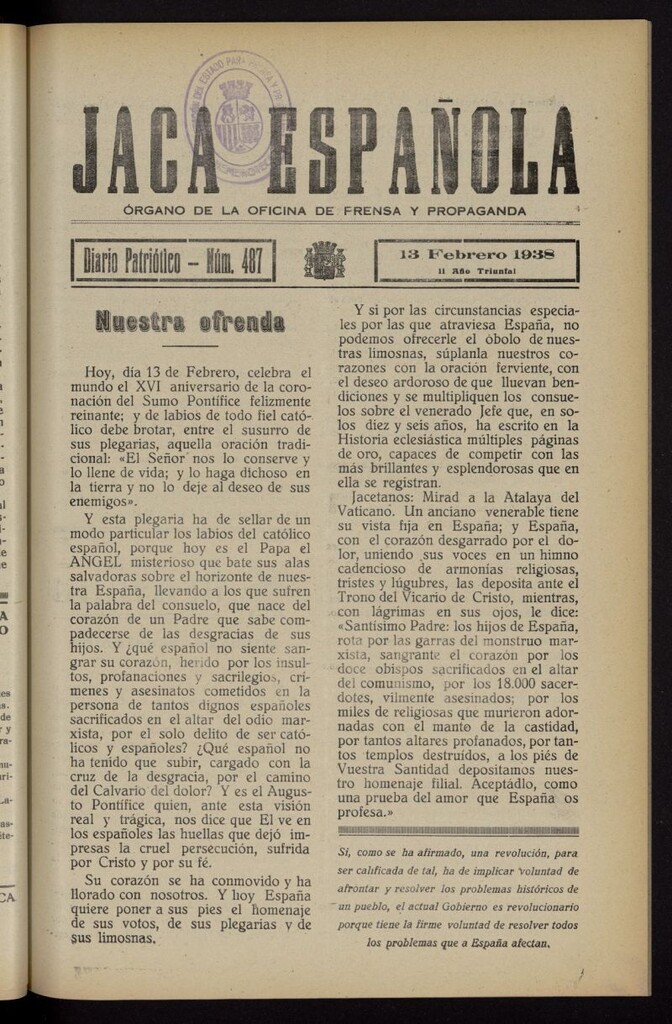 Miniatura de Jaca española : noticiero oficial del 13 de febrero de 1938, nº 487