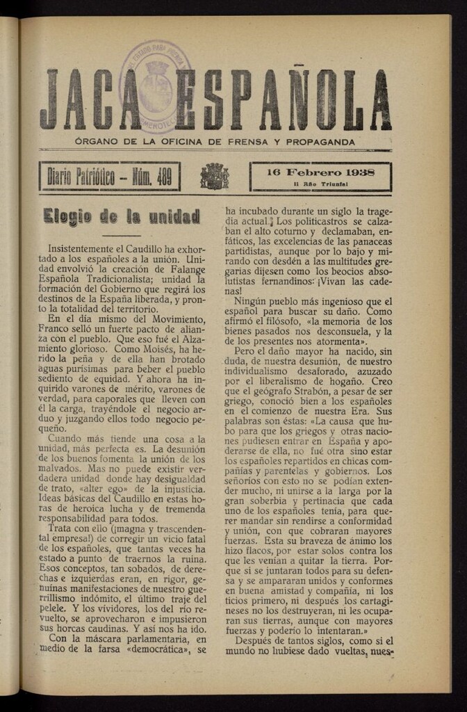 Miniatura de Jaca española : noticiero oficial del 16 de febrero de 1938, nº 489