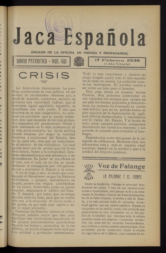 Miniatura de Jaca española : noticiero oficial del 17 de febrero de 1938, nº 490
