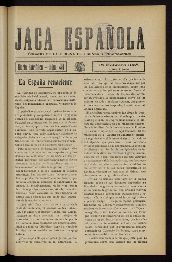Miniatura de Jaca española : noticiero oficial del 18 de febrero de 1938, nº 491