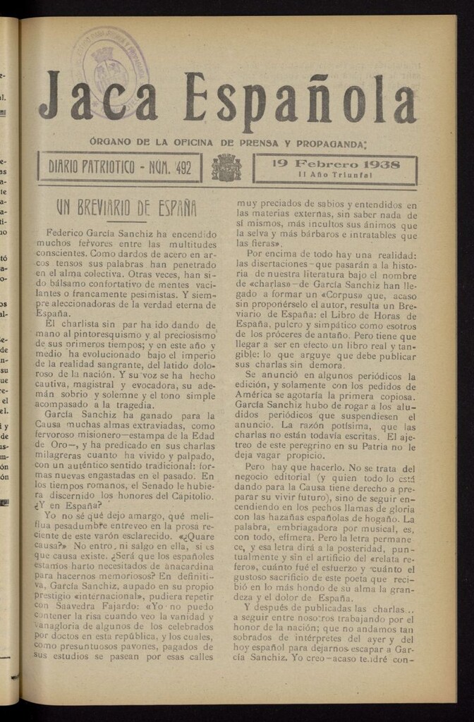 Miniatura de Jaca española : noticiero oficial del 19 de febrero de 1938, nº 492