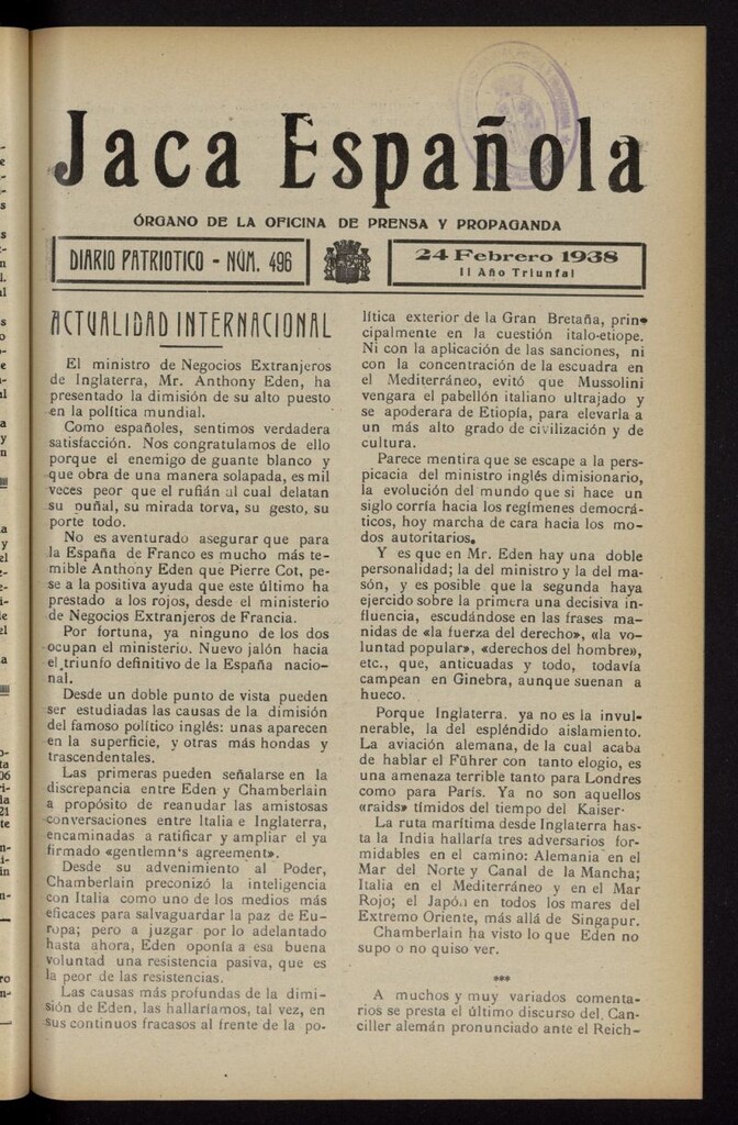 Miniatura de Jaca española : noticiero oficial del 24 de febrero de 1938, nº 496