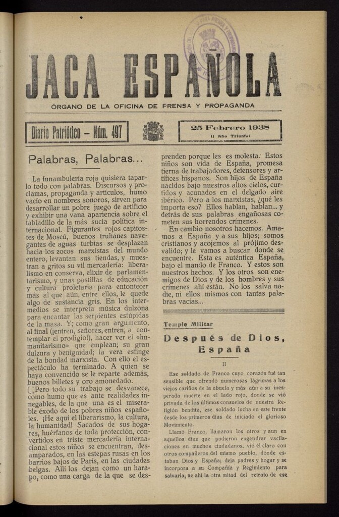 Miniatura de Jaca española : noticiero oficial del 25 de febrero de 1938, nº 497