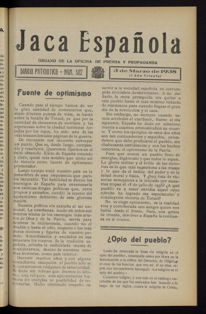 Miniatura de Jaca española : noticiero oficial del 3 de marzo de 1938, nº 502