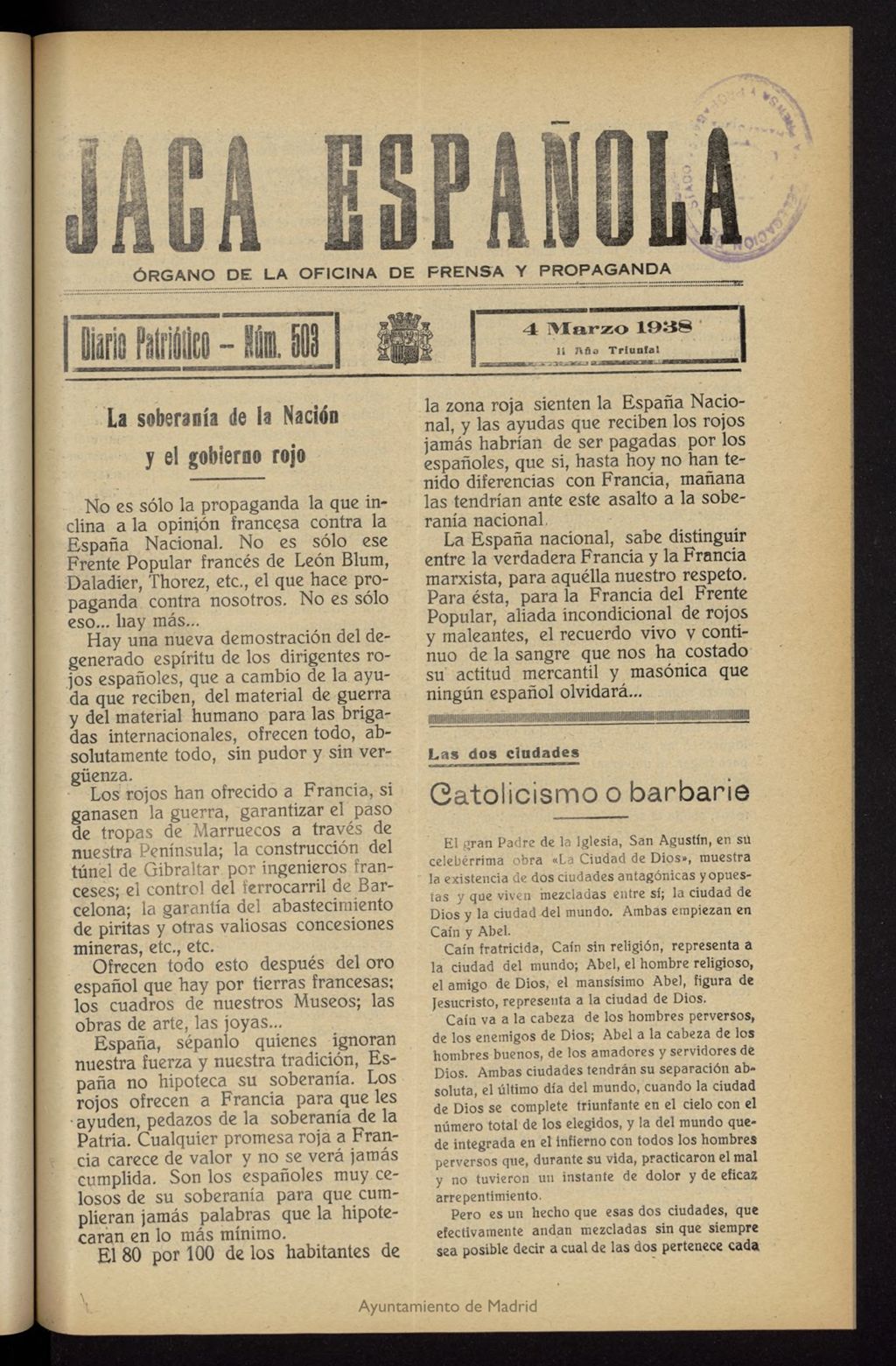 Miniatura de Jaca española : noticiero oficial del 4 de marzo de 1938, nº 503