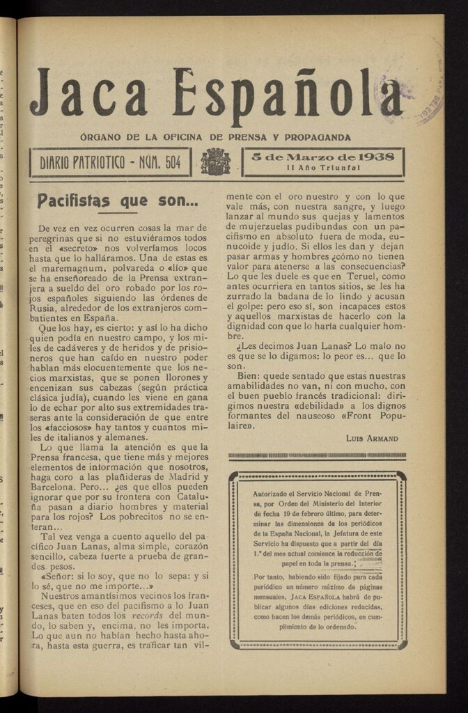 Miniatura de Jaca española : noticiero oficial del 5 de marzo de 1938, nº 504