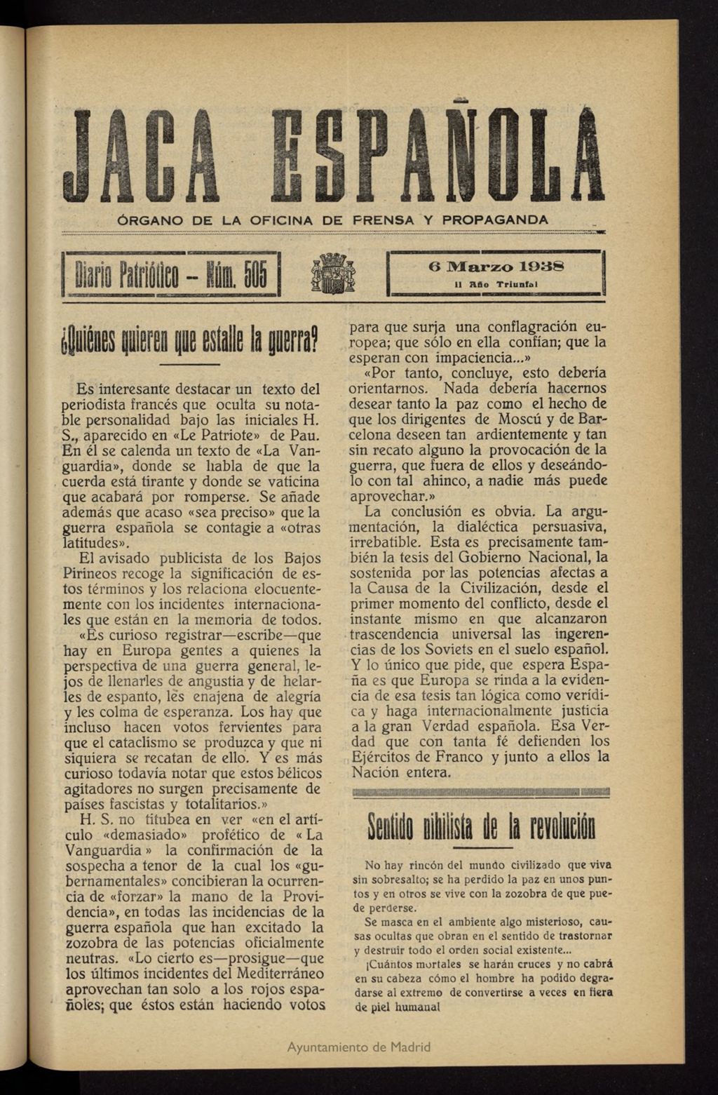 Miniatura de Jaca española : noticiero oficial del 6 de marzo de 1938, nº 505