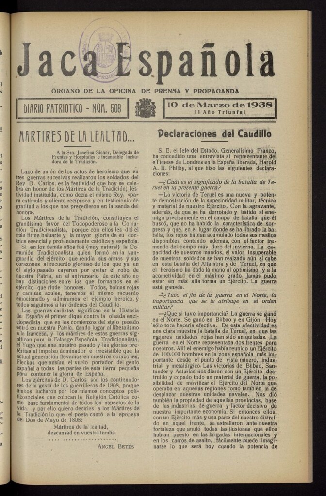 Miniatura de Jaca española : noticiero oficial del 10 de marzo de 1938, nº 508