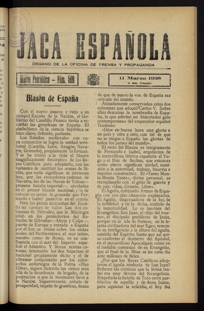 Miniatura de Jaca española : noticiero oficial del 11 de marzo de 1938, nº 509