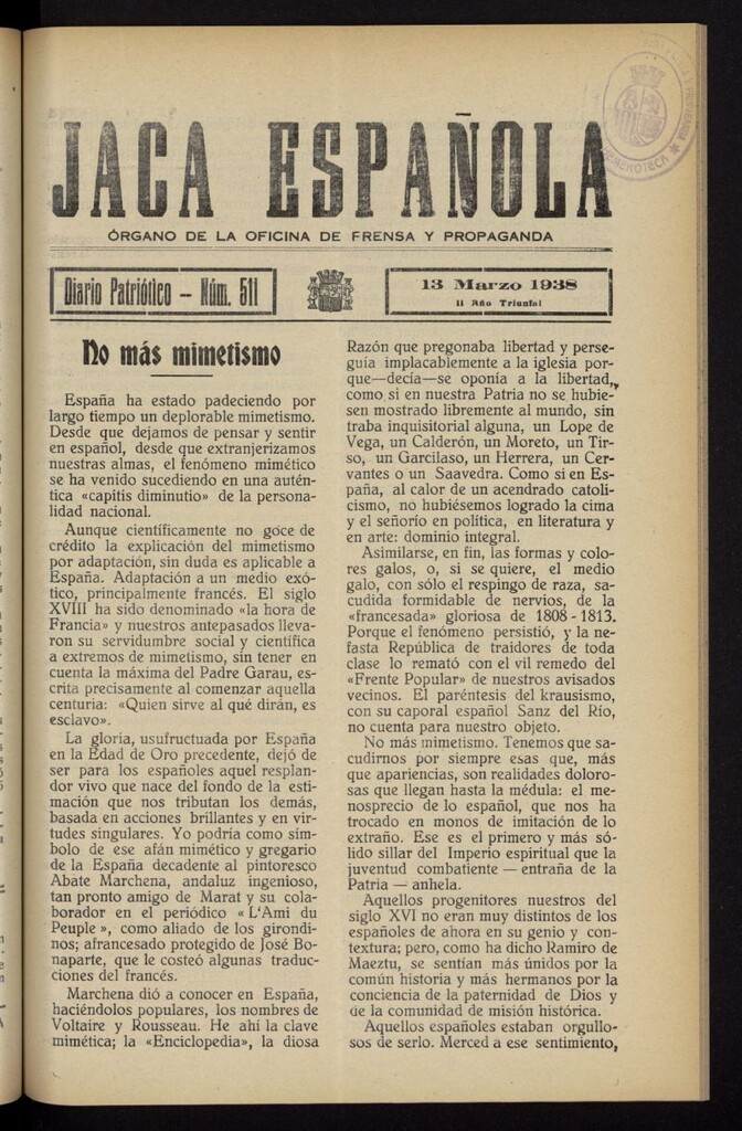 Miniatura de Jaca española : noticiero oficial del 13 de marzo de 1938, nº 511