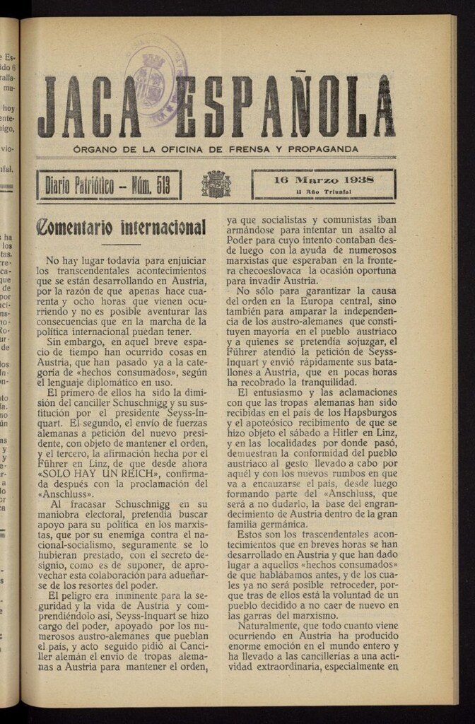 Miniatura de Jaca española : noticiero oficial del 16 de marzo de 1938, nº 513