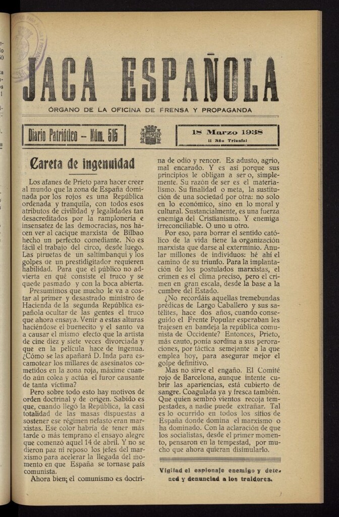 Miniatura de Jaca española : noticiero oficial del 18 de marzo de 1938, nº 515