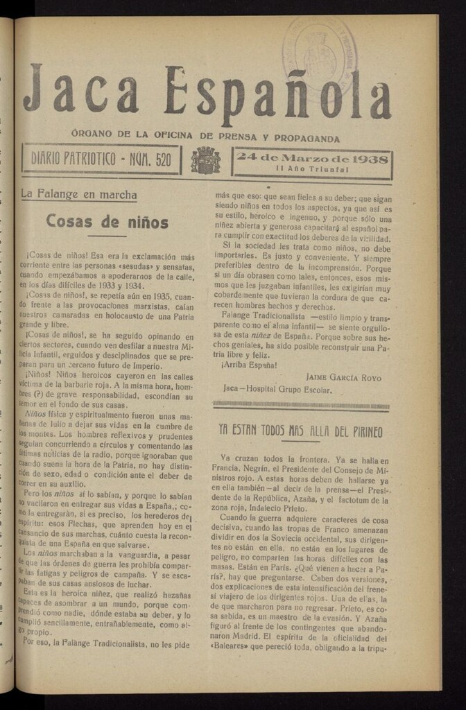 Miniatura de Jaca española : noticiero oficial del 24 de marzo de 1938, nº 520