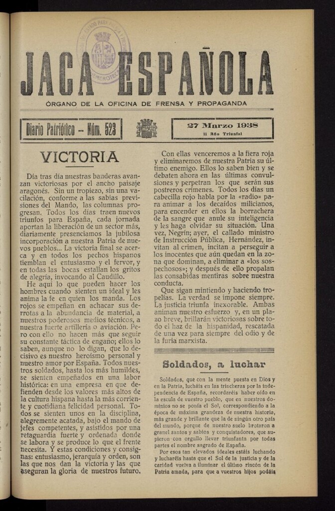 Miniatura de Jaca española : noticiero oficial del 27 de marzo de 1938, nº 523