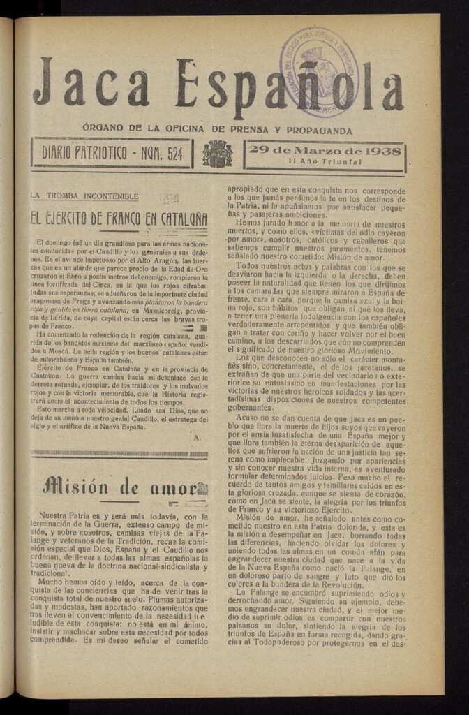 Miniatura de Jaca española : noticiero oficial del 29 de marzo de 1938, nº 524