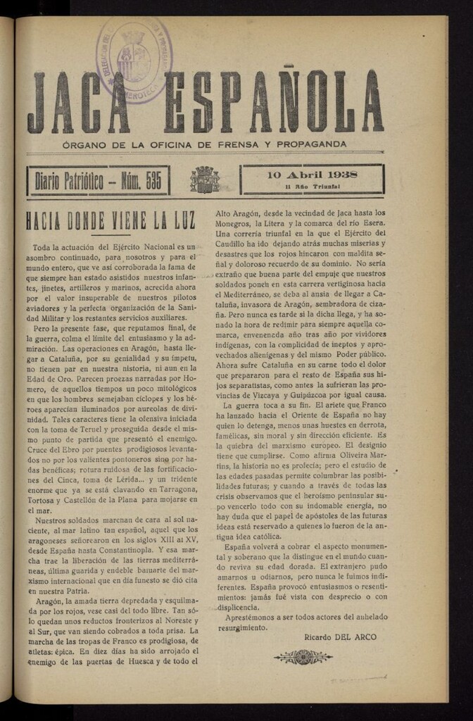 Miniatura de Jaca española : noticiero oficial del 10 de abril de 1938, nº 535