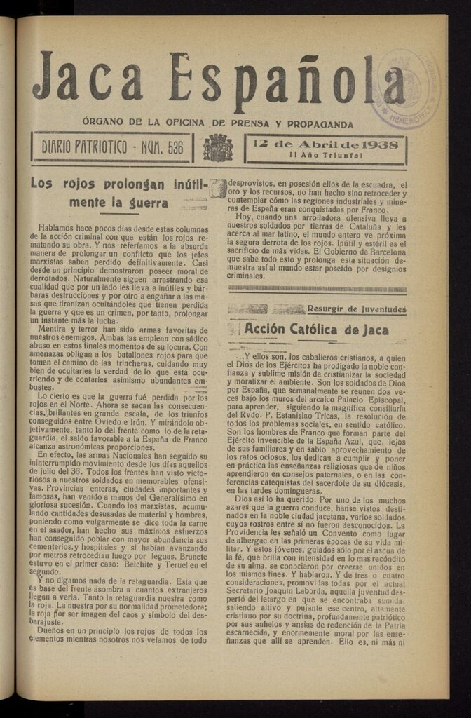 Miniatura de Jaca española : noticiero oficial del 12 de abril de 1938, nº 536
