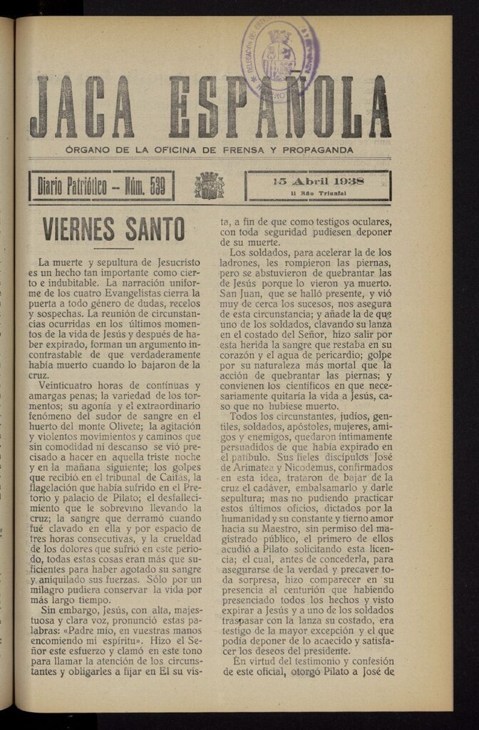 Miniatura de Jaca española : noticiero oficial del 15 de abril de 1938, nº 539