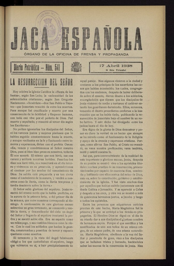 Miniatura de Jaca española : noticiero oficial del 17 de abril de 1938, nº 541