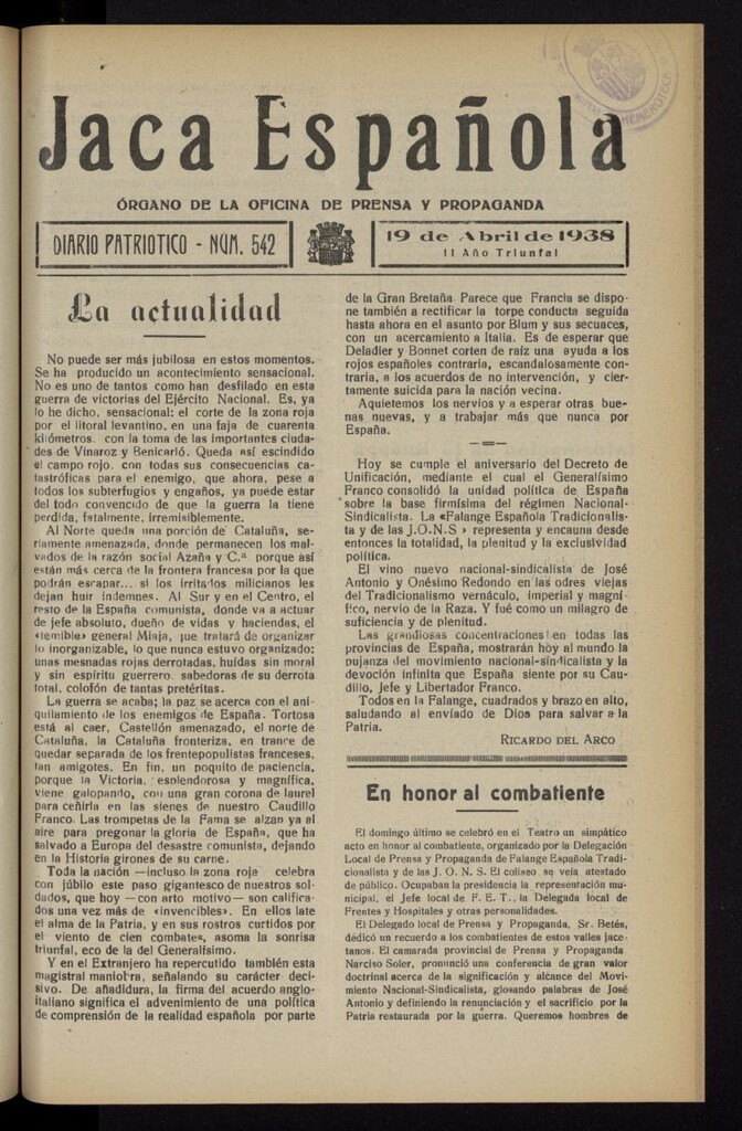 Miniatura de Jaca española : noticiero oficial del 19 de abril de 1938, nº 542