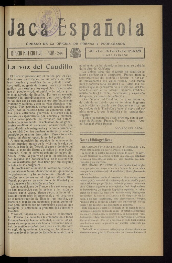 Miniatura de Jaca española : noticiero oficial del 21 de abril de 1938, nº 544