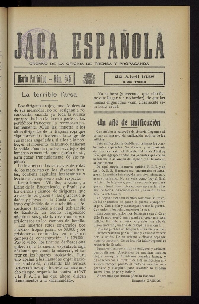 Miniatura de Jaca española : noticiero oficial del 22 de abril de 1938, nº 545