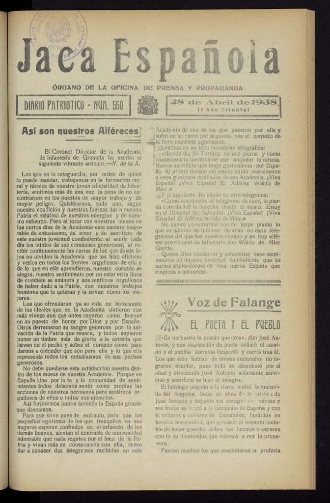 Miniatura de Jaca española : noticiero oficial del 28 de abril de 1938, nº 550