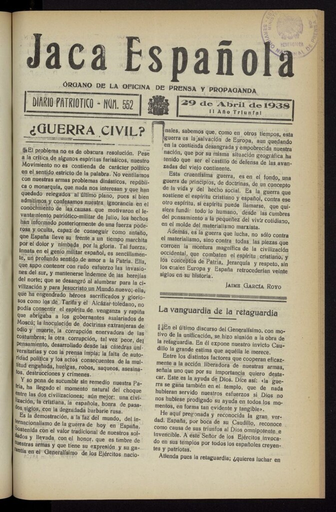 Miniatura de Jaca española : noticiero oficial del 29 de abril de 1938, nº 552