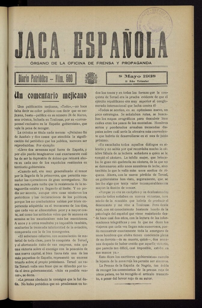 Miniatura de Jaca española : noticiero oficial del 8 de mayo de 1938, nº 560