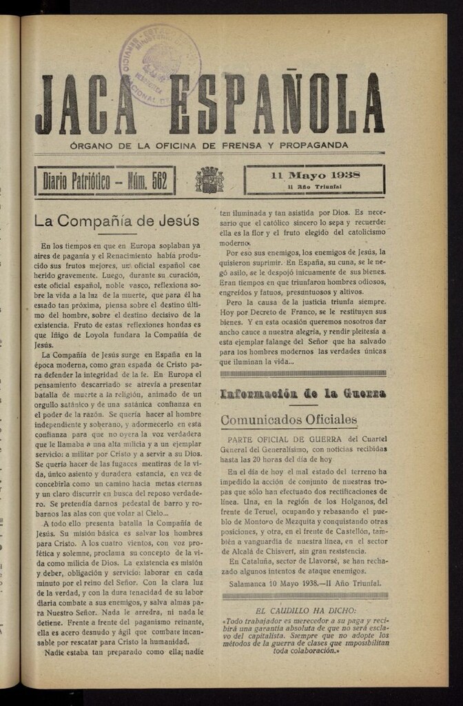 Miniatura de Jaca española : noticiero oficial del 11 de mayo de 1938, nº 562