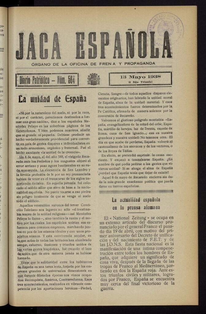 Miniatura de Jaca española : noticiero oficial del 13 de mayo de 1938, nº 564