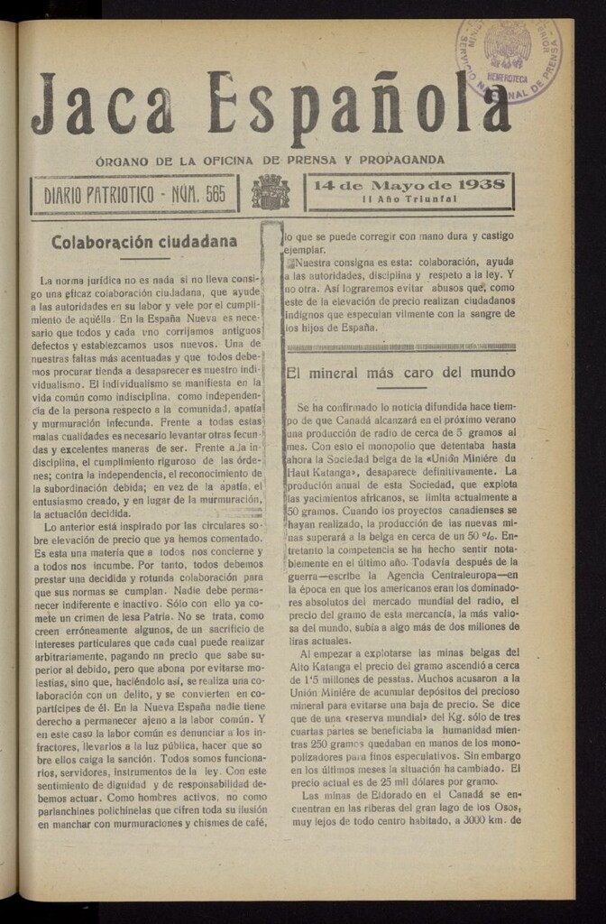 Miniatura de Jaca española : noticiero oficial del 14 de mayo de 1938, nº 565