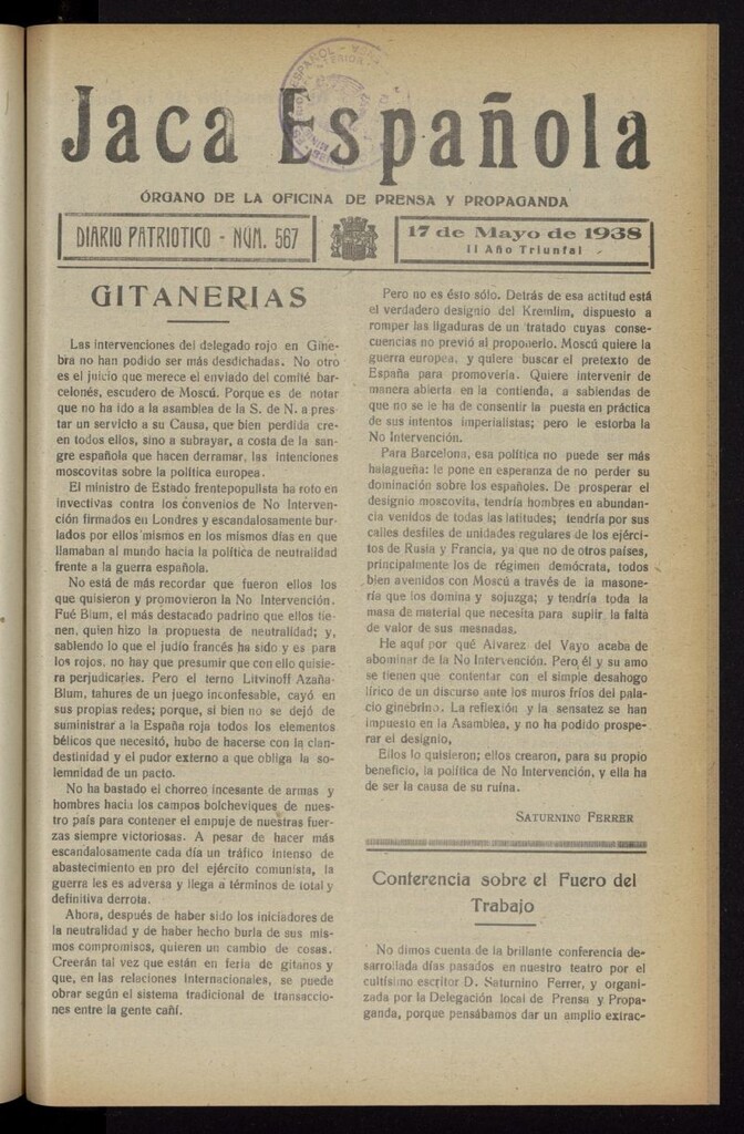 Miniatura de Jaca española : noticiero oficial del 17 de mayo de 1938, nº 567