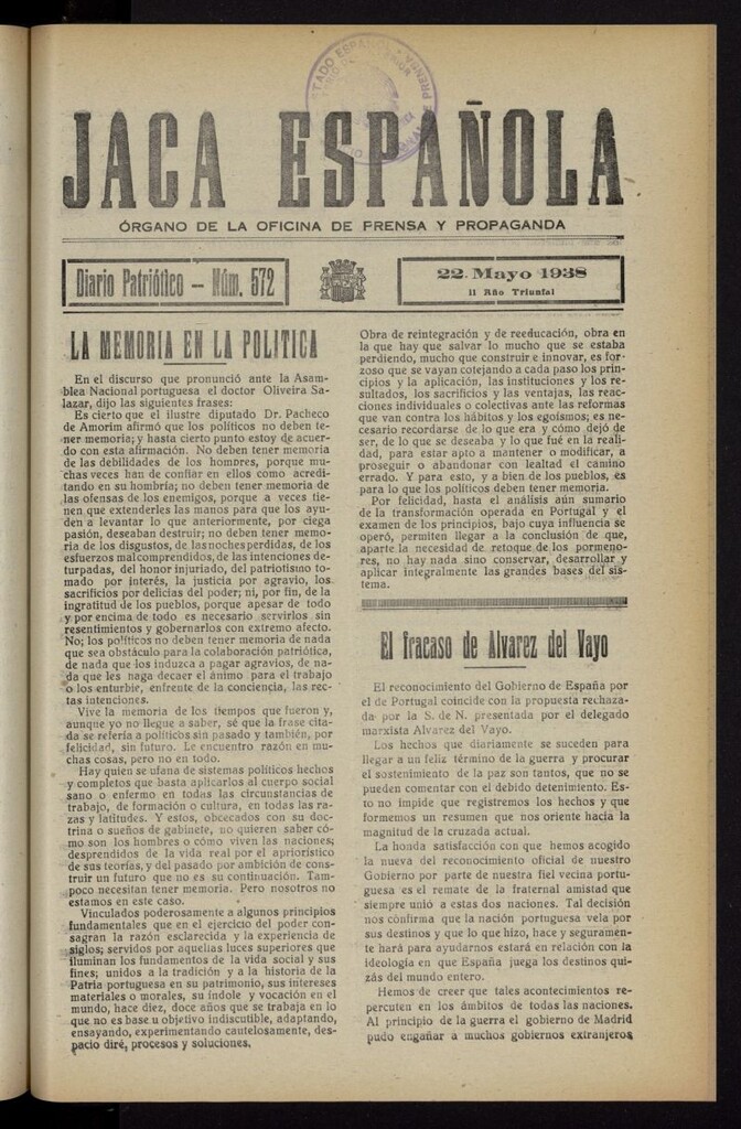 Miniatura de Jaca española : noticiero oficial del 22 de mayo de 1938, nº 572