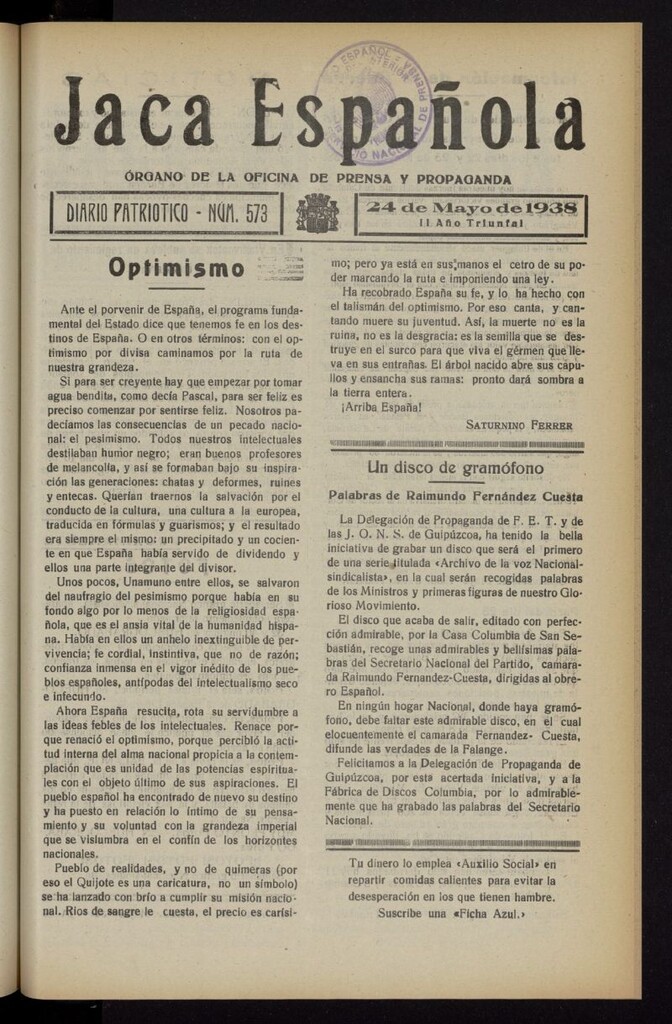 Miniatura de Jaca española : noticiero oficial del 24 de mayo de 1938, nº 573