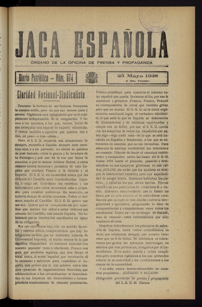 Miniatura de Jaca española : noticiero oficial del 25 de mayo de 1938, nº 574