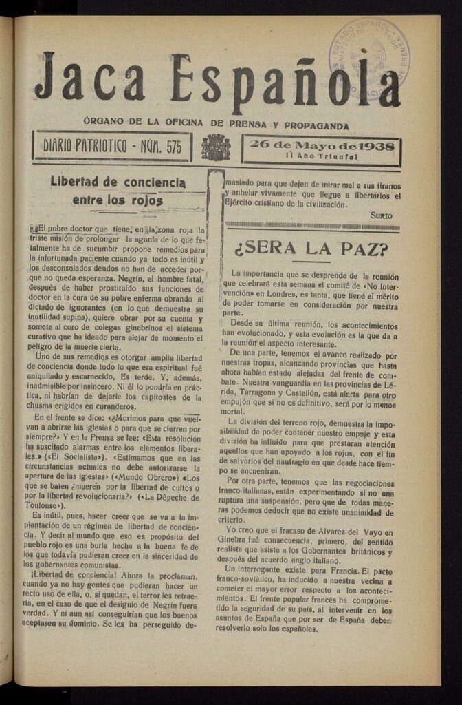 Miniatura de Jaca española : noticiero oficial del 26 de mayo de 1938, nº 575