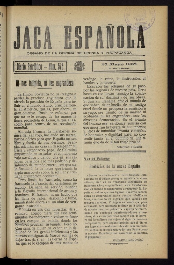 Miniatura de Jaca española : noticiero oficial del 27 de mayo de 1938, nº 576
