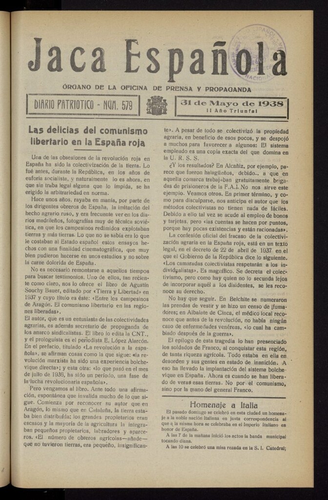 Miniatura de Jaca española : noticiero oficial del 31 de mayo de 1938, nº 579